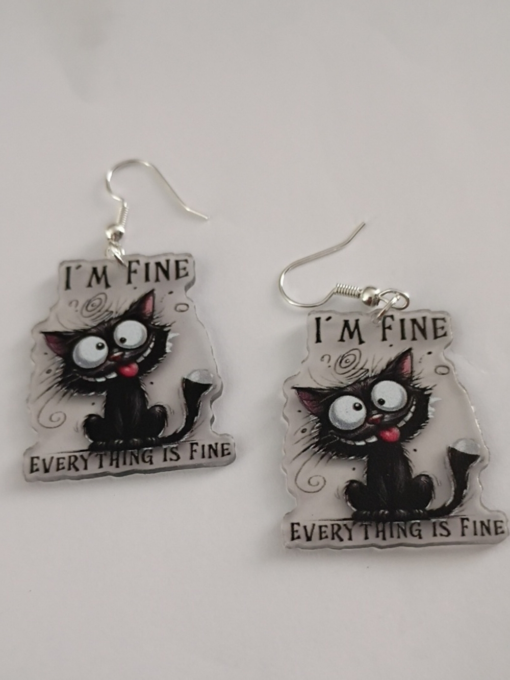 Black Cat Dangle Earrings — "I'm Fine" Novelty Design